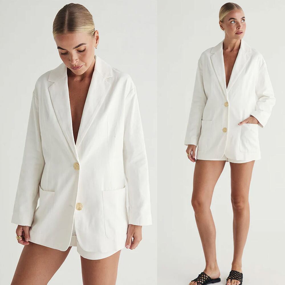 MOS The Label Thalia Oversized Cotton Blazer Ivory NWT Gold Button US 4